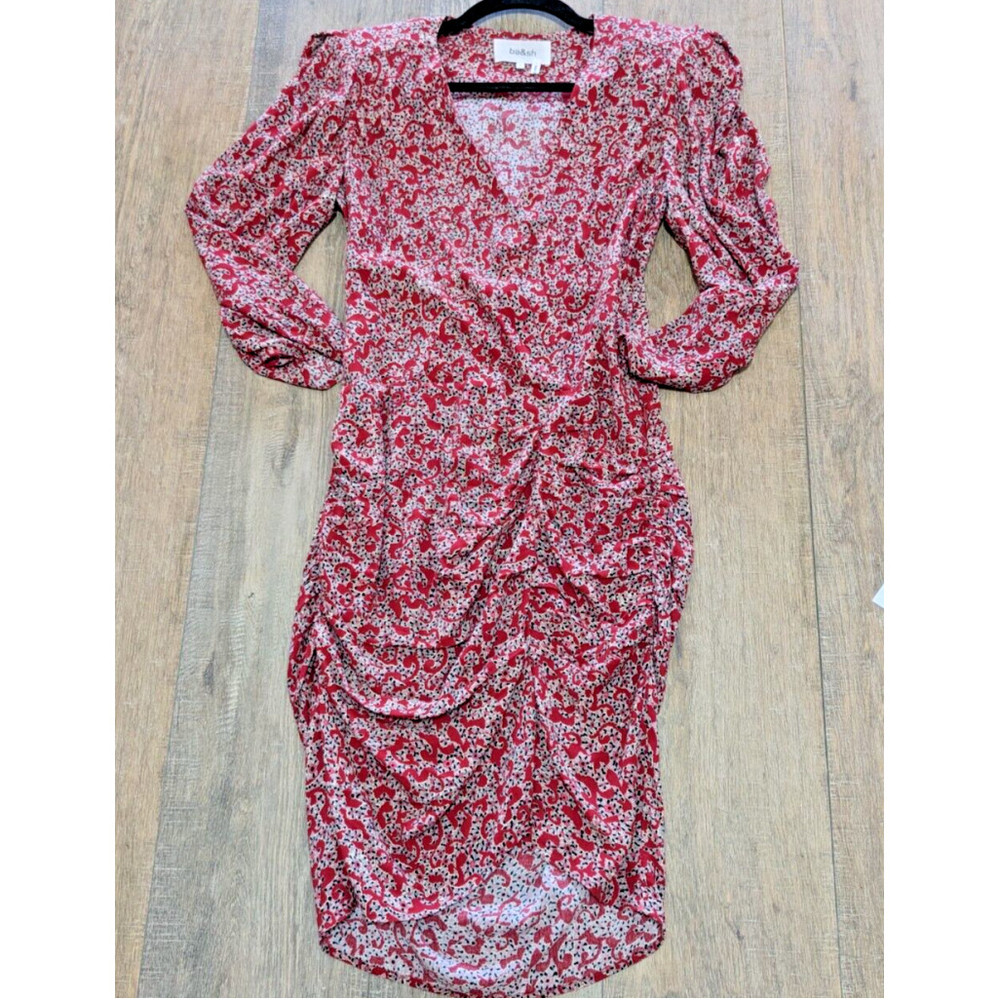 BA@SH Dress Womens Medium Red Floral Print 3/4 Rouched Sleeve V Neck Sheath
